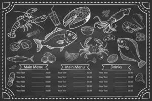 Restaurant menu enriched with shrimps, crabs, calamari and fish. Contains hand-drawn details. vector