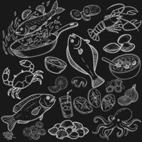 Hand-drawn menu with black background. Fish varieties, shrimps and mussels are carefully drawn. vector