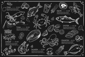 Seafood design for menus and posters. Seafood menu created with shrimp, oyster, squid and crab drawings. Available format. vector