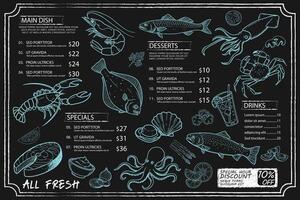 Hand-drawn menu suitable for seafood concept. Supported by shrimp, salmon, trout. vector