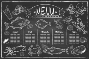 Hand-drawn menu with various seafood, suitable for restaurants and sea cafes. vector