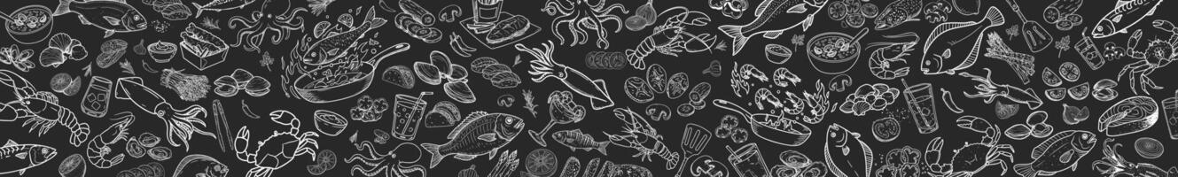 Illustrations of lobster and squid drawn with fresh fish and vegetables. Can be used in old-style menus. vector