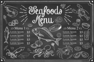 Hand-drawn seafood flavor. Restaurant menu template supported by shrimps, fish, crab. vector