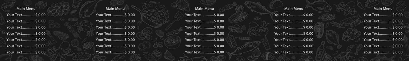Hand-drawn and usable menu created with seafood. Strengthened with a black background. vector