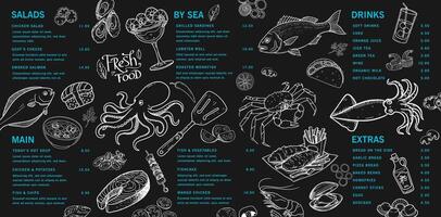 Seafood flavor enriched with hand-drawn details. Restaurant and seaside cafe menu, complete with various seafood. vector