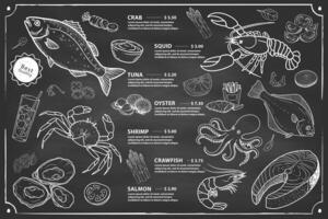 A usable restaurant menu designed with hand-drawn shrimp, various fish, mussel illustrations. vector