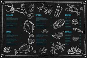 Seafood menu. Black background is highlighted with shrimp and crab drawings. vector