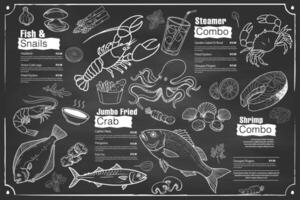 Restaurant menu featuring shrimp, fish, crab and calamari. Prepared in a hand-drawn concept. vector
