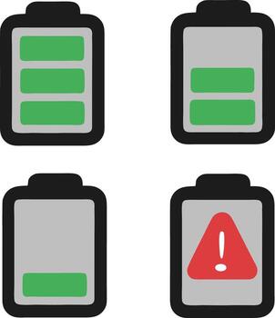 batería icono conjunto cuales incluye completado, advertencia, vacío, y cargando indicadores en verde y rojo vector