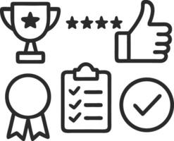 Quality and Approval Icon Set with Trophy, Checklist, Rating, Badge and Thumbs Up in Line Style vector