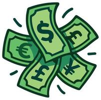 Illustration art of dollar, euro, yen, and pound bills isolated on white background vector