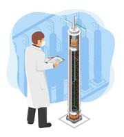 engineer and uranium enrichment centrifuges in a secure nuclear facility for energy production and atomic research purposes vector
