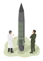 Military engineer and scientist discussing ballistic missile design for advanced defense technology development vector