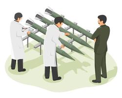 Military engineers and defense scientists inspecting multiple tactical missiles for advanced weapons system development and quality assurance vector