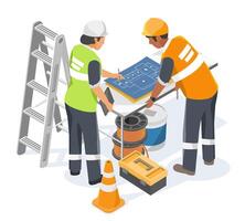 Construction workers reviewing blueprints on site vector