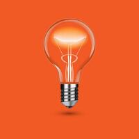 Realistic lit light bulb isolated on orange background. vector
