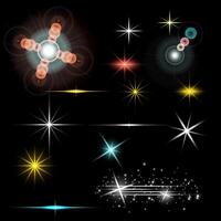 Star flares pack of bright particles and lens effect. vector