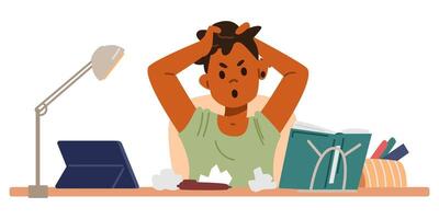 African American angry primary school boy studying at home having problems with homework sitting at desk flat illustration isolated on white. vector