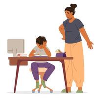 Asian mother arguing with her primary school son doing homework because of problems in studying flat illustration isolated on white. vector