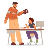 Father and son arguing because of homework at home flat illustration isolated on white. Homeschooling concept. vector