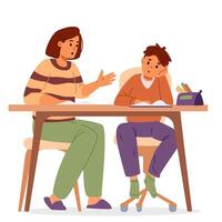 Mather or tutor making homework with primary school boy sitting at desk together flat illustration isolated on white. vector