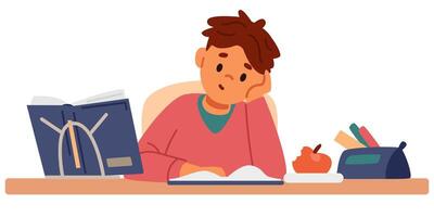 Primary school boy studying sitting at desk and reading flat illustration isolated on white. vector