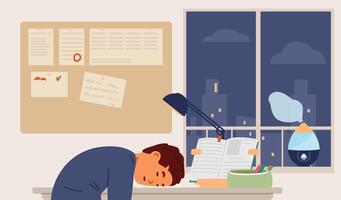 Primary school boy fell asleep at desk in his room during studying and making homework flat illustration. vector