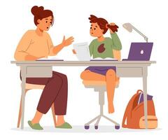 Mather or tutor helping with studies and homework to daughter primary school girl sitting at desk together flat illustration isolated on white. vector