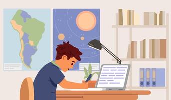 Student studying at a desk with maps vector