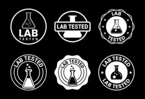 Lab tested icons set design. Laboratory testing product quality certificate symbol, Clinically certified white on black background vector