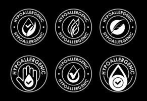 Hypoallergenic tested icons set design. Cosmetic certification label, Hypoallergenic icon sign white on black background vector