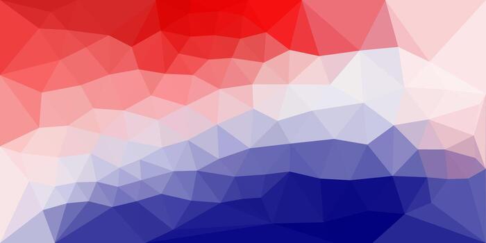 An abstract geometric pattern made of red, white, and blue triangles forming a bold, vivid gradient with sharp angles and modern symmetry. vector