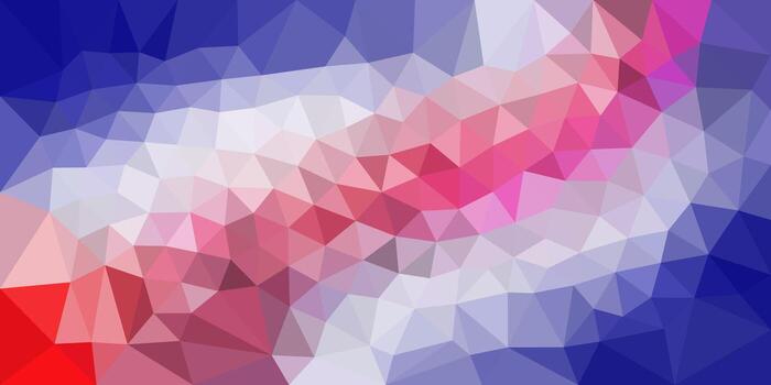 Abstract geometric background with red, pink, white, and blue triangular patterns blending smoothly in a low-poly style. vector