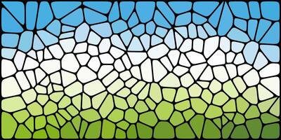 A mosaic-style abstract image with a stained glass effect, blending blue sky, white clouds, and green grass using irregular black-bordered shapes. vector