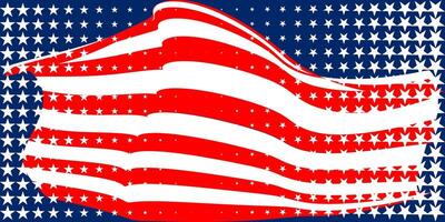A stylized American flag design with wavy red and white stripes over a blue background filled with white and red stars, creating a bold patriotic pattern. vector