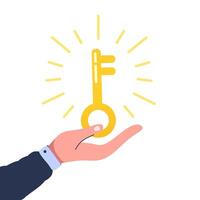 hand giving golden glowing key.flat illustration of housing business,property,and townhouse.design isolated on white background vector