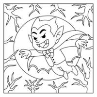 flying vampire coloring page with full moon and tree branches.hallowen concept coloring book vector