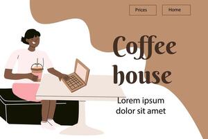 Coffee house scene with a woman using laptop for relaxation and enjoyment vector
