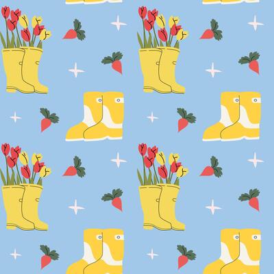 Charming cottage decor with yellow boots and tulip pattern for spring design