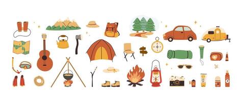 Camping gear icons for outdoor activity vector
