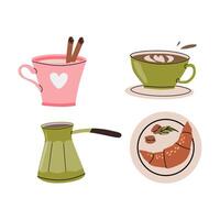 Cozy coffee set with latte art and breakfast pastries illustration vector
