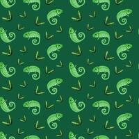 Tropical animal pattern with chameleons and insects in green tones vector