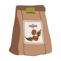 Coffee packaging design featuring brown bag with artistic coffee beans and green leaves vector