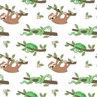 Cute sloths and chameleons pattern vector