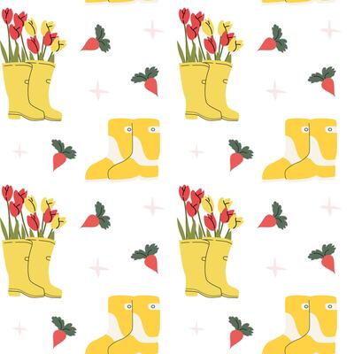 Spring garden pattern with yellow boots and tulips for cottage decor