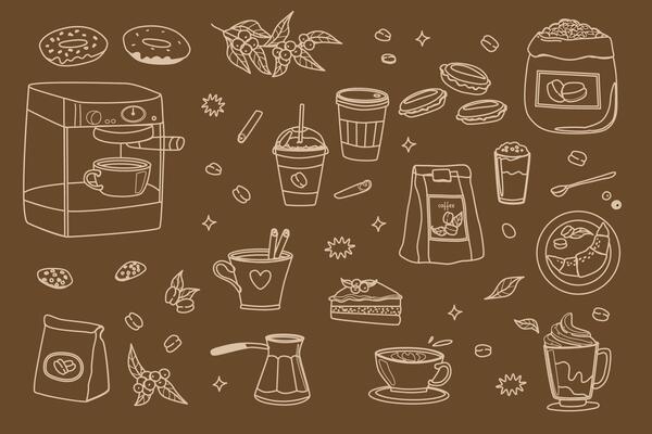 Coffee delight collection with cups, beans, and treats for cafe decor or menu design