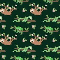 Tropical animals pattern with sloths and chameleons for fabric design or wallpaper vector
