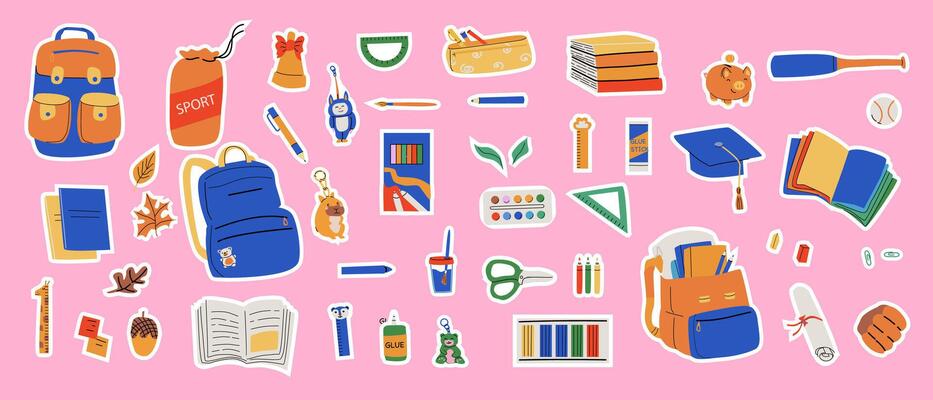 Colorful school supplies collection stickers for educational and creative projects