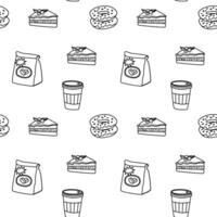 Coffee break pattern with cups, pastries, and sandwiches for cafeteria decor vector