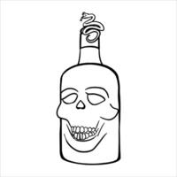 Bottle with drawing skull. A black and white line drawing bottle featuring a snake coiled around the cap. Hand-drawn illustration suitable for horror, Halloween, or gothic themes vector